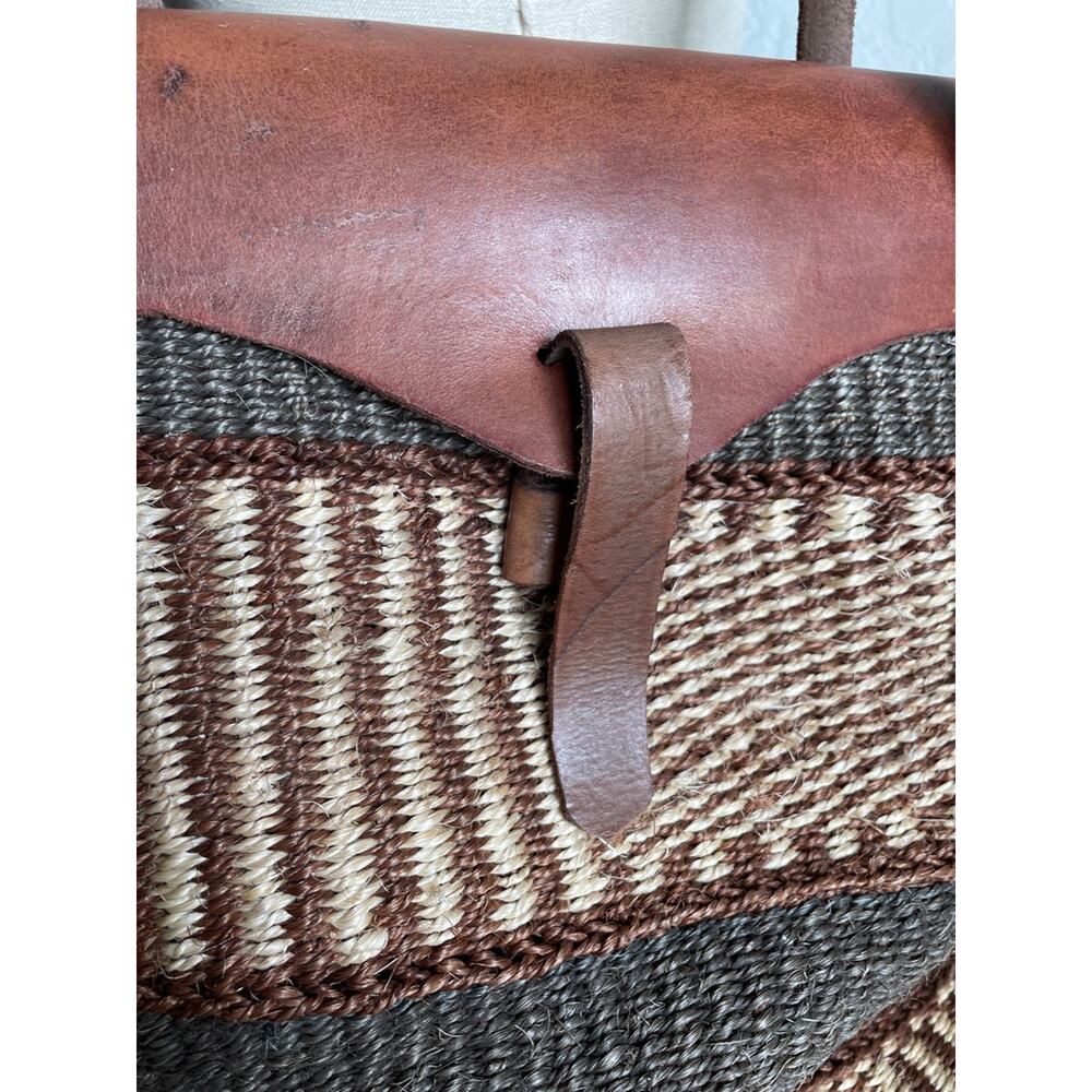 Vintage Large Sisal Woven Tote Leather Trim Market Bag Rare Boho - Picture 4 of 13